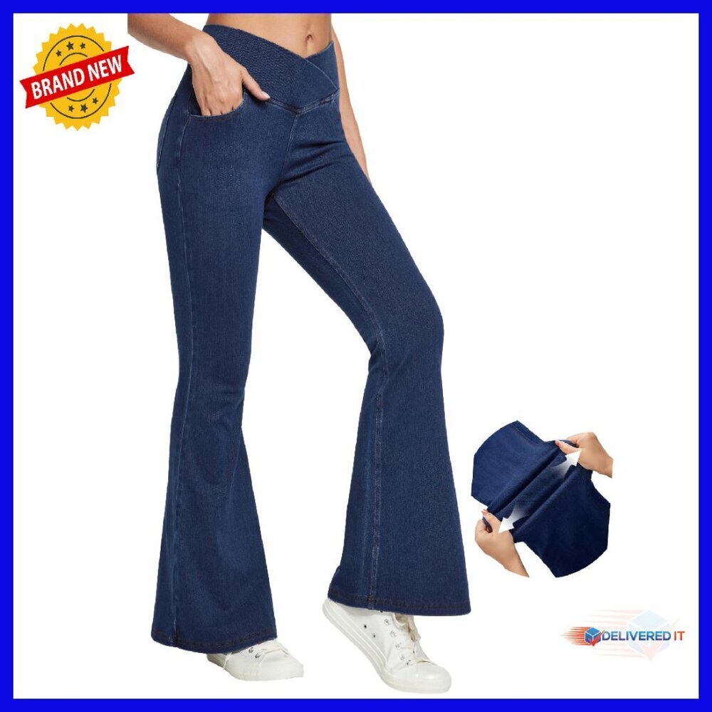 High Waisted Bell Bottom Flare Jeans Stretchy Pull On Wide Leg